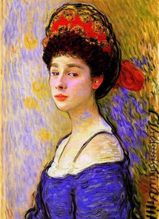 Image similar to portrait of young woman in renaissance dress and renaissance headdress, art by claude monet