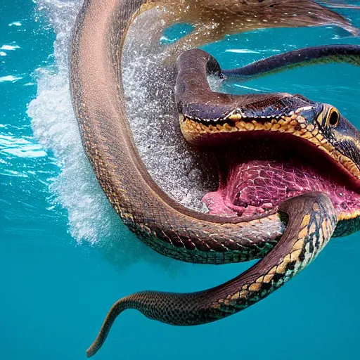 Prompt: a snake whale hybrid, 1 2 0 mm underwater photography, super high resolution