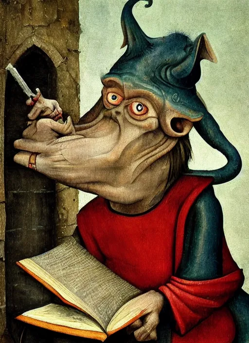 Image similar to a medieval goblin reading a book painted by hieronymus bosch, detailed digital art, trending on Artstation
