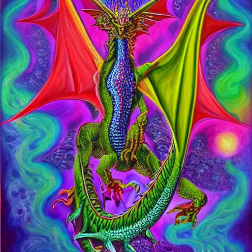 Prompt: a painting of a dragon with a psychedelic look, a detailed painting by alex grey, reddit contest winner, psychedelic art, detailed painting, psychedelic, ( ( made of crystals ) )