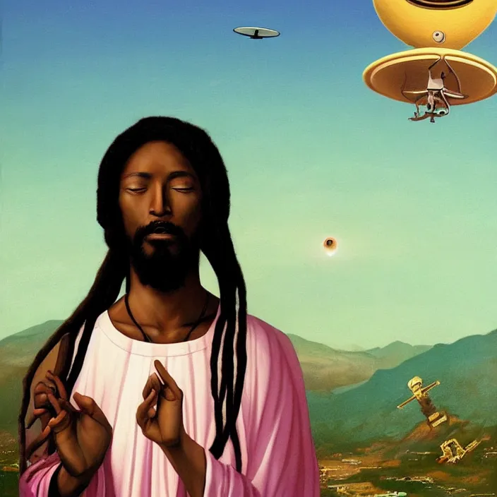 Prompt: UFO hovering around an African Jesus with dreadlocks, painting by Hsiao-Ron Cheng,