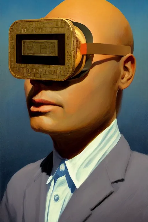 Image similar to Michael Saylor wearing oculus and bitcoin over his head Edward Hopper and James Gilleard, Zdzislaw Beksisnski, highly detailed