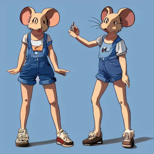 Image similar to in the style of studio ghibli, anthropomorphic mouse, female, wearing denim shorts and tank top, detailed, intricate, aesthetic, artistic, ambient occlusion, volumetric light effect