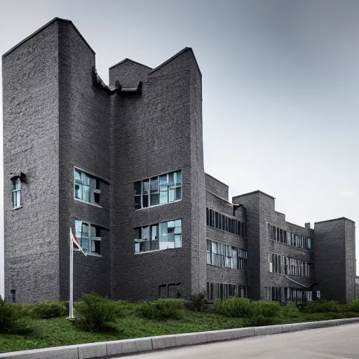 Prompt: HD photo of a nondescript office building in a business park. the office building transforms into a Gothic evil fortress along the way.