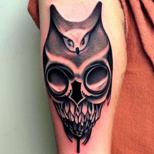 Image similar to surrealistic tattoo of an owl skull