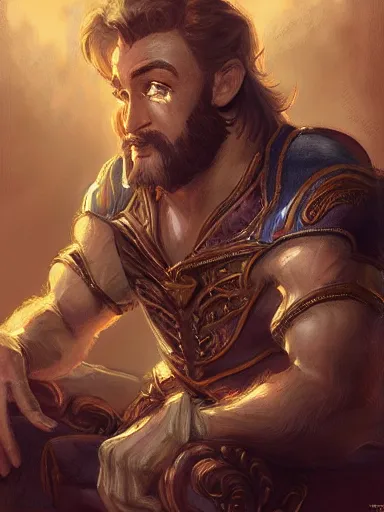 Image similar to a noble man smirking with flirty eyes. relaxed in his chair with crossed arms. intricate, elegant, highly detailed, digital painting, artstation, concept art, sharp focus, illustration, by justin gerard and artgerm, 8 k