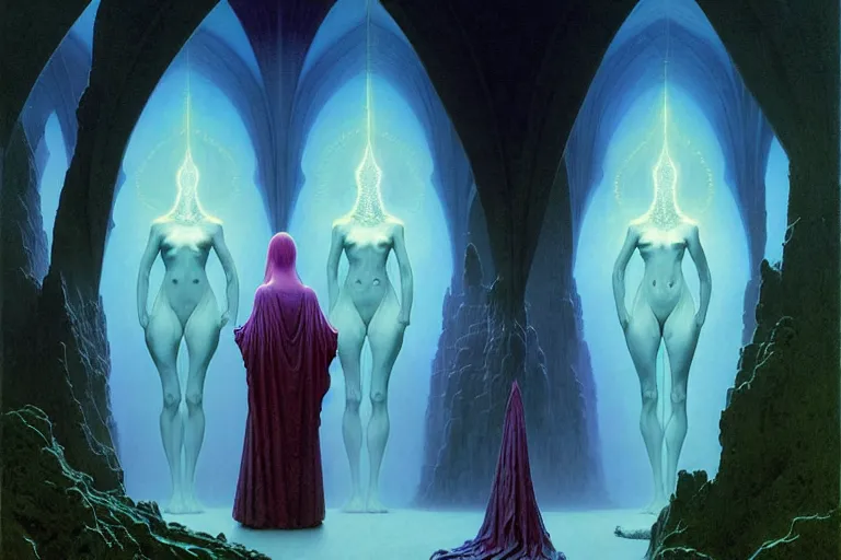 Image similar to the female arcanist and the male artificer by zacharias aagaard and albert bierstadt and zdzisław beksinski and james gilleard and wayne barlowe and marc simonetti and jean delville, beautiful, robes, highly detailed, hyperrealistic, intricate, energy, electricity, blue flame, low light, green crystal, high contrast