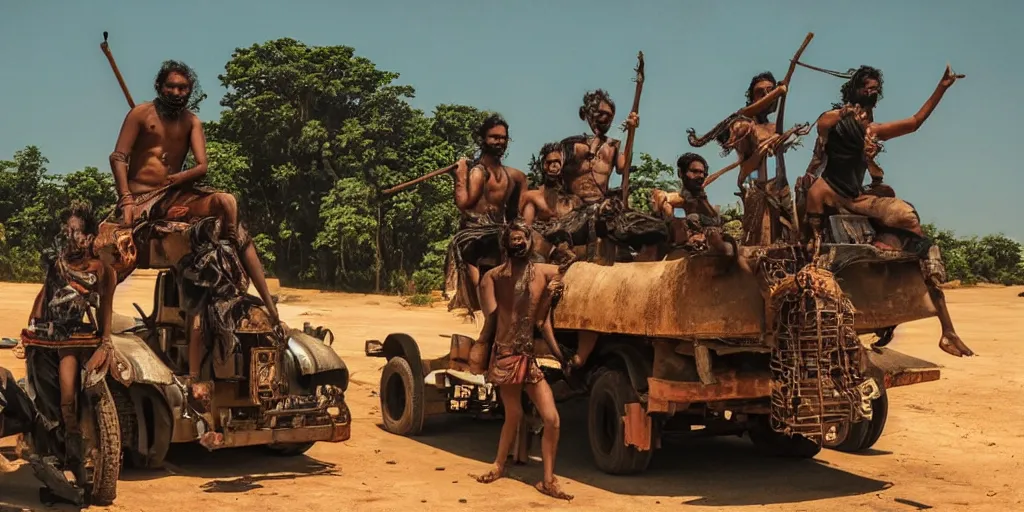Image similar to sri lankan mad max style, bongo drum players on top of a truck, film still, epic shot cinematography, rule of thirds