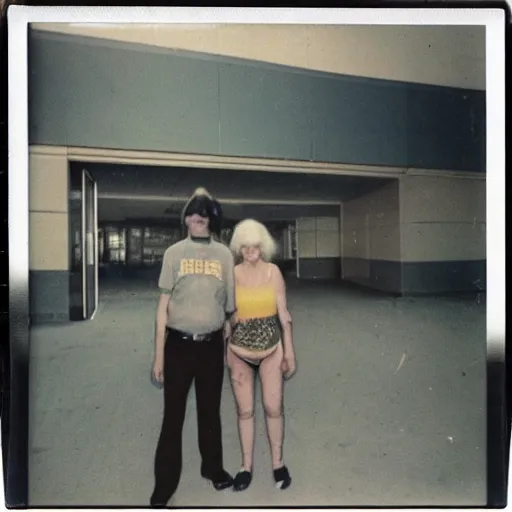 Image similar to found polaroid photo of trash humpers in an abandoned shopping mall