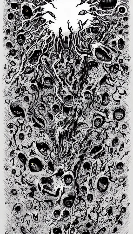 Image similar to a storm vortex made of many demonic eyes and teeth, by alex pardee