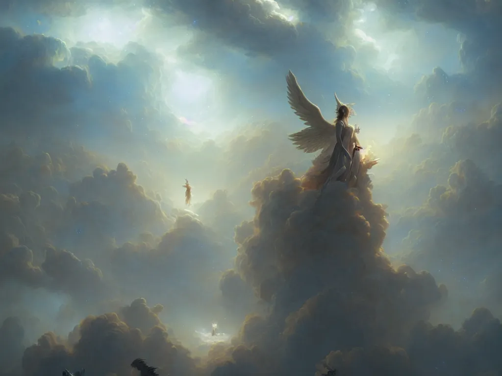 Image similar to ultra detailed matte painting of a celestial army of angels within the cosmic clouds by greg rutkowski and peter mohrbacher, volumetric lighting, depth of field.