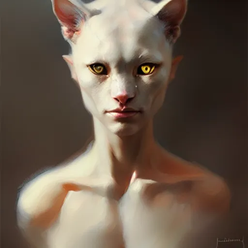 Prompt: humanoid feline hybrid, concept art oil painting, portrait ethereal by jama jurabaev, greg rutkowski extremely detailed, brush hard, artstation, soft light
