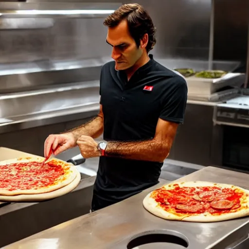 Prompt: Roger Federer cooking a pizza