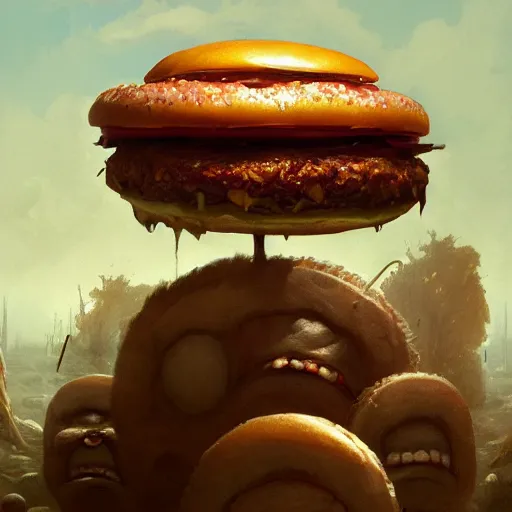 Prompt: a monster with a hamburger head, concept art, fantasy drawing, illustration, highly detailed, hyperrealistic, cgsociety, artstation, oil painting by greg rutkowski