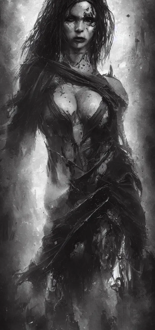 Image similar to above waist portrait of a female sorceress in dark tattered robes, oil painting, menacing look, gritty, dark monochrome hues, artstation, high detail, 4 k