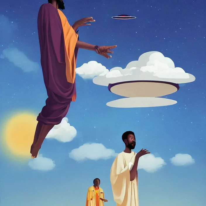 Image similar to UFO hovering over an African Jesus , clouds, colorful, painting by Hsiao-Ron Cheng,