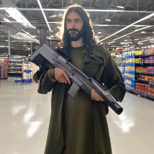 Prompt: jesus with halo holding an AK-47 at walmart