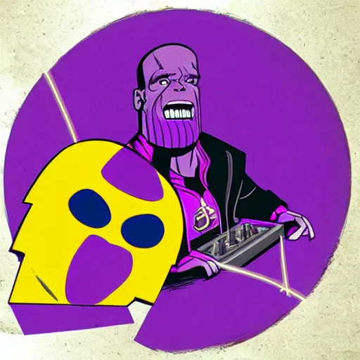 Image similar to thanos is a d. j. spinning records at an off the hook basement party, listening to d. j. jazzy jeff, red solo cups and people partying