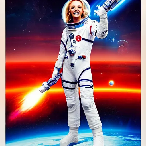 Prompt: of a dynamic movie poster of britney spears as a hero sci fi space cosmonaut holding a raygun in a nice action pose, there is an explosion on the background of a space station blowing britney's hair and lighting her with a rim light, she is laughing, f 2. 8, advertising studio lighting,