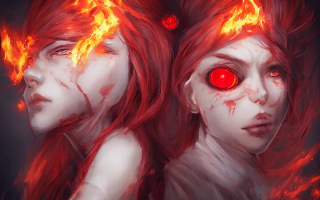 Image similar to A realistic anime portrait of a beautiful fire spirit twins with glowing red eyes and firey skin wearing clothes made of flames, digital painting, by Stanley Artgerm Lau, Sakimichan, WLOP and Rossdraws, digtial painting, trending on ArtStation, SFW version