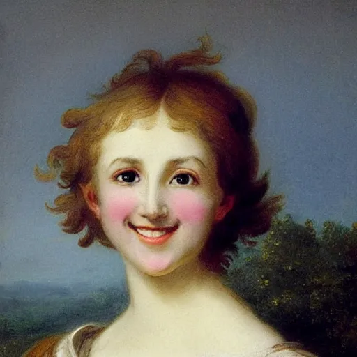 Prompt: representation of a young woman with a happy face in the year 1834 by Antoine-Augustin Préault, a French sculptor of the Romantic movement