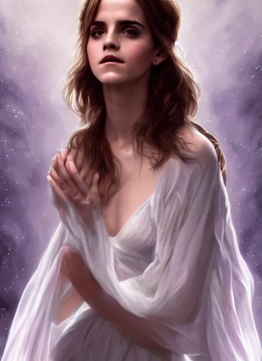 Image similar to emma watson as magic healer celestial, long hair, white and transparent cloth, D&D, shiny background, intricate, elegant, highly detailed, digital painting, artstation, concept art, smooth, sharp focus, illustration, artgerm, bouguereau