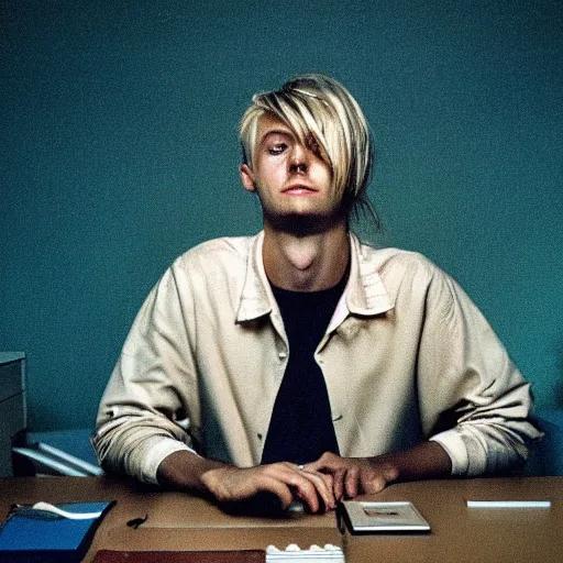 Prompt: kodak portra 4 0 0 photograph of a skinny blonde guy sitting at a 9 0 s computer screen, messy desk, back view, moody lighting, telephoto, 9 0 s vibe, blurry background, vaporwave colors!, faded!,