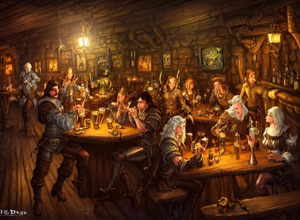 dimly-lit cozy tavern, adventurers drinking at the | Stable Diffusion ...