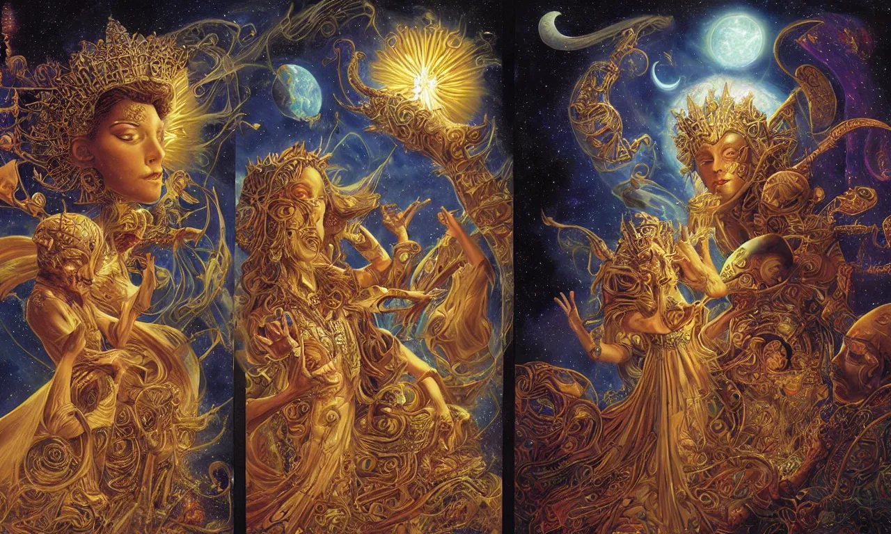 Prompt: sun king and moon queen in the cosmic court of mystical astronomy, art by james c. christensen and keith parkinson