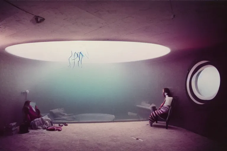 Image similar to high-angle view of a jellyfish human hybrid people wearing discowear sitting inside of an unlit lit 1970s underwater A-frame house with a soviet computer console on the wall, a large circular window in the floor that shows an exterior of a foggy medieval world, ektachrome photograph, volumetric lighting, f8 aperture