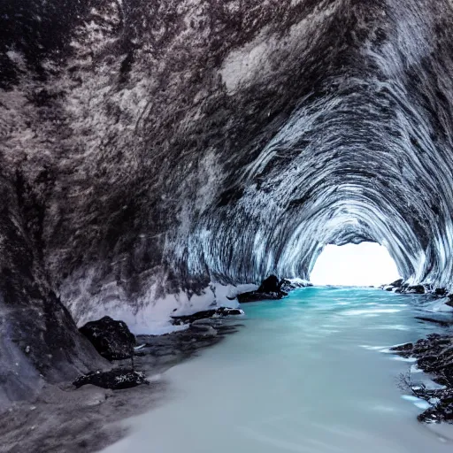 Prompt: dark ice cave with low ceiling and narrow rough river running through it, surreal,