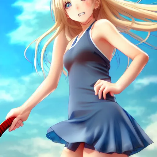 Prompt: a very beautiful young anime tennis girl, full body, long wavy blond hair, sky blue eyes, full round face, short smile, bikini, miniskirt, front view, medium shot, highly detailed, cinematic wallpaper by stanley artgerm lau