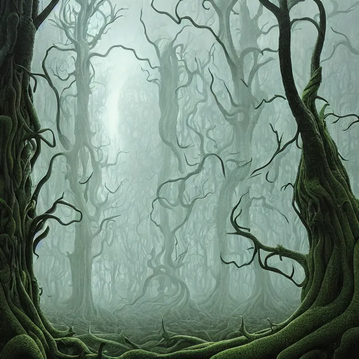 Image similar to charles burchfield art painting, beautiful arboreal forest by Adriaan Herman Gouwe, oregon washington rain forest by beeple, a beautiful and insanely detailed matte painting of alien dream worlds with surreal architecture designed by Heironymous Bosch, mega structures inspired by Heironymous Bosch's Garden of Earthly Delights, vast surreal landscape and horizon by Jim Burns, rich pastel color palette