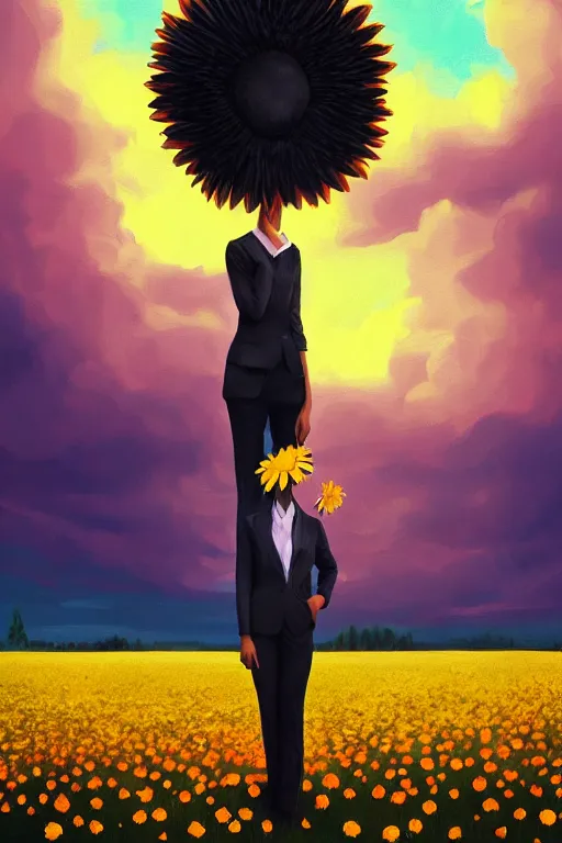 Prompt: portrait, giant daisy flower as head, black woman in suit, surreal photography, golden hour, colorful clouds, impressionist painting, digital painting, artstation, simon stalenhag