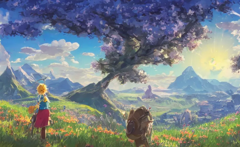 Image similar to fantastic anime sunny meadow with flowers, lone old Oak in the middle plane and mountains on the background, by Hayao Miyazaki, Nausicaa, Ghibli, Breath of the wild, Anime wallpaper