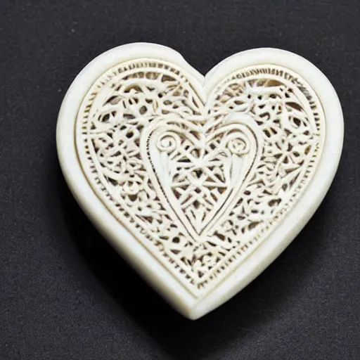 Image similar to intricate heart delicately carved into block of ivory, c anon 5 d 5 0 mm lens