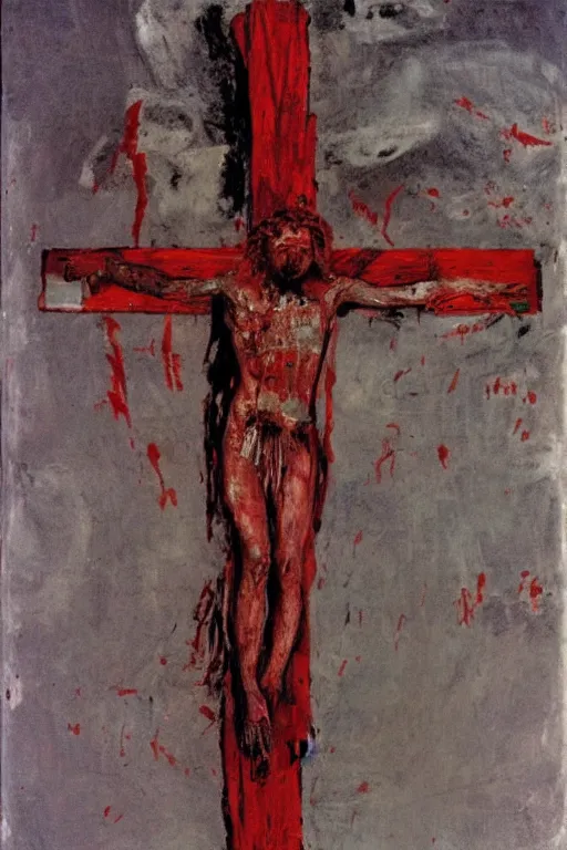 Image similar to bloody christ crucified and the light of god in the sky painted by cy twombly and andy warhol