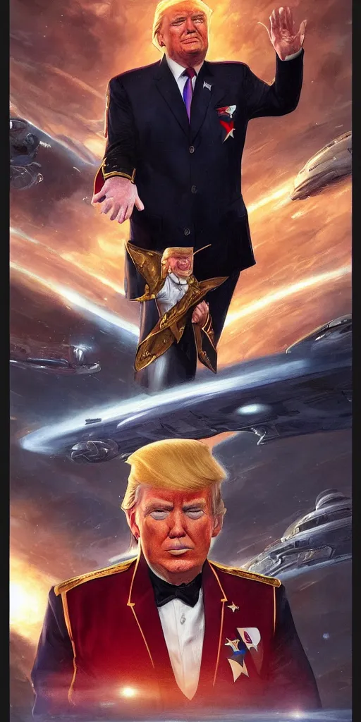 Image similar to portrait of Donald Trump wearing his starfleet captains uniform, realistic character concept, high fantasy, light atmosphere, golden ratio, cinematic lighting, hyperdetailed, high resolution, insanely detailed and intricate, artstation, Marc Simonetti, Greg Rutkowski