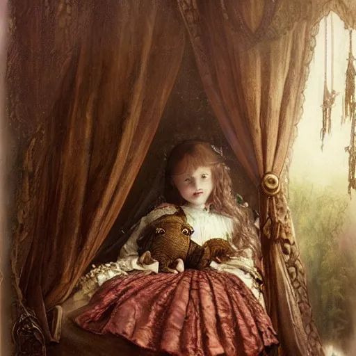 Prompt: a beautiful victorian girl child holding her pet monster in her gothic bedroom with canopy bed, detailed matte painting by omar rayyan, 8k