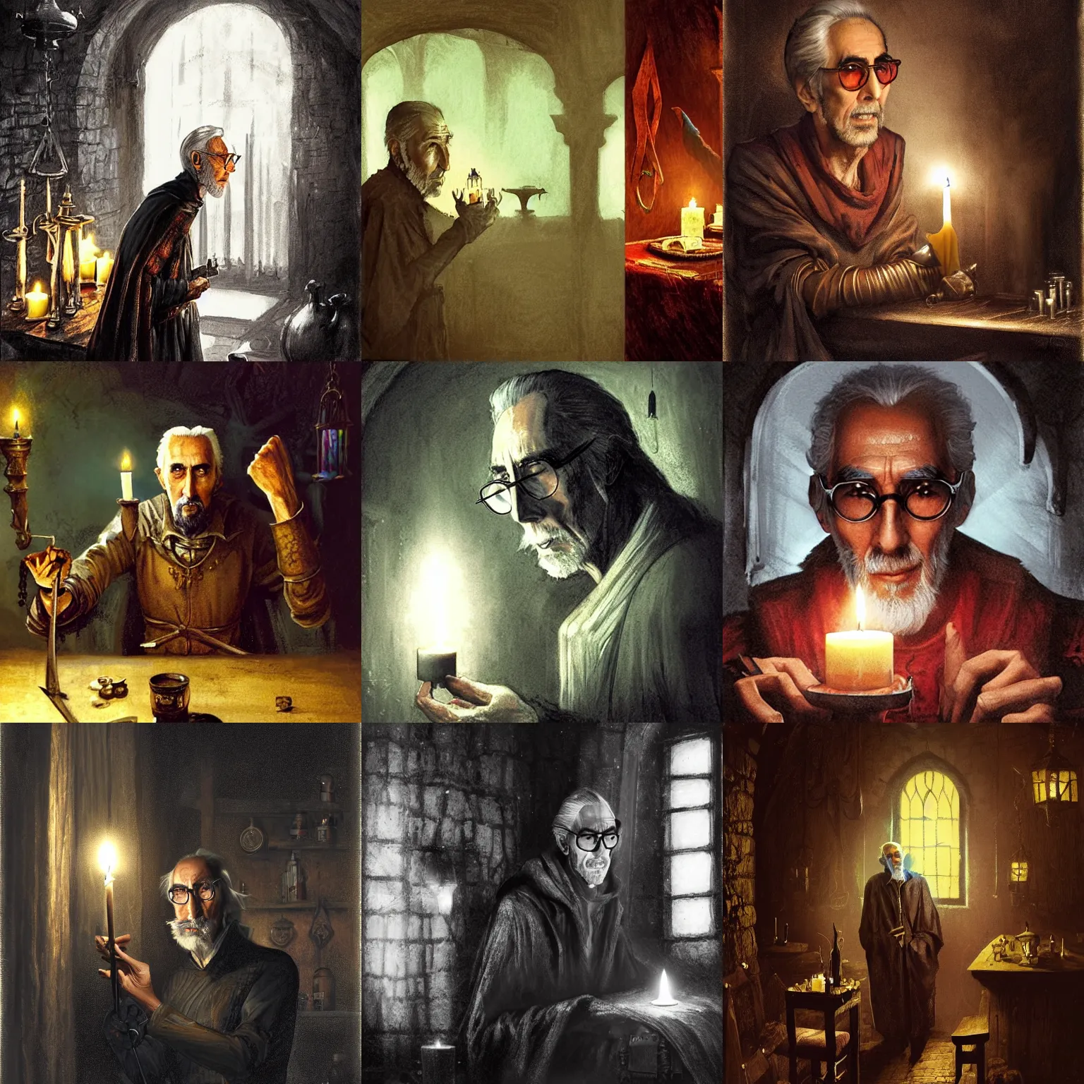 Prompt: skinny, cautious, paranoid 7 0 years old alchemist ( christopher lee with a long goatee and with scissor glasses ), looks around in a dark medieval inn. close up, ( ( dark shadows ) ), colorful, candle light!, law contrasts, fantasy concept art by jakub rozalski, jan matejko, and j. dickenson