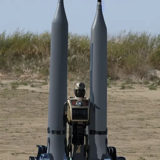 Prompt: photo of a robot rocket missile with a face