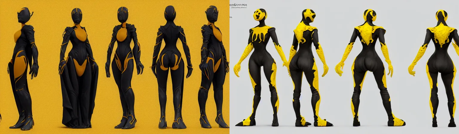 Prompt: full body character turnaround of a woman in an orb weaver outfit, character sheet, matte painting, john singer sargent, good value control, highly detailed portrait, character turnaround, digital painting, concept art, sharp focus, smooth, 3 d model, illustration, yellow and black color scheme, realistically proportioned body, 8 k