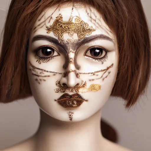 Prompt: portrait photograph of an incredibly realistic porcelain woman with symmetrical, fine gold drawings on the skin. Macro details. 8k.