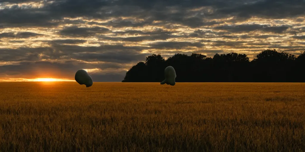 Prompt: a giant floating human ear above a field at dawn