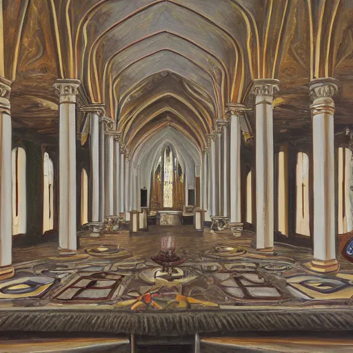 Image similar to a symmetrical cult church, oil painting, pale colors, high detail, 8 k, wide angle, trending on artstation,