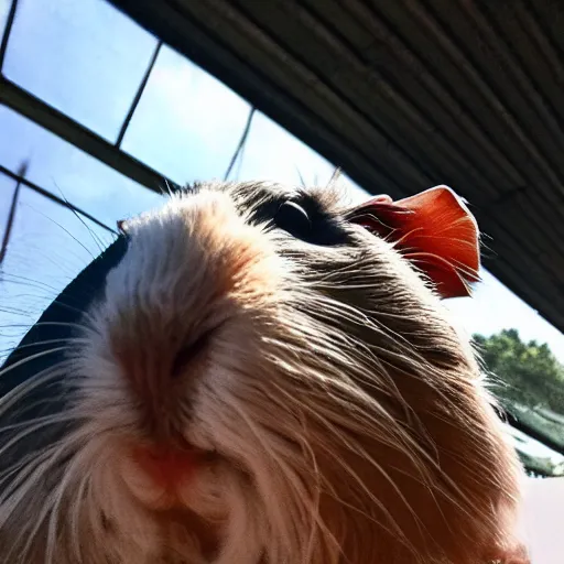 Prompt: a guinea pig selfie in front of a burning building