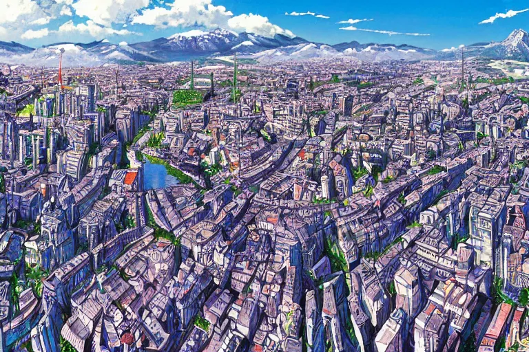 Prompt: sci - fi bern switzerland cityscape. wide angle photo. helicopter view. exaggerated detail. springtime. painting by masamune shirow. 4 k