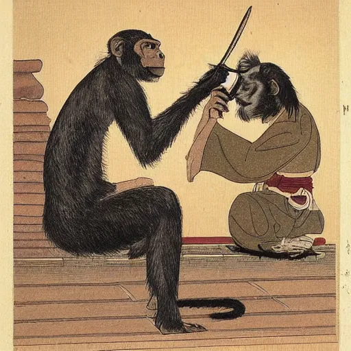 Image similar to a monkey cutting a samurai's hair.