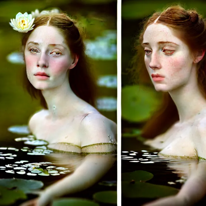 Image similar to Kodak Portra 400, 8K, soft light, volumetric lighting, highly detailed, britt marling style 3/4 ,portrait photo of a beautiful woman how pre-Raphaelites painter, the face emerges from the water of a pond with water lilies, inspired by Ophelia paint , a beautiful lace dress and hair are intricate with highly detailed realistic beautiful flowers , Realistic, Refined, Highly Detailed, natural outdoor soft pastel lighting colors scheme, outdoor fine art photography, Hyper realistic, photo realistic