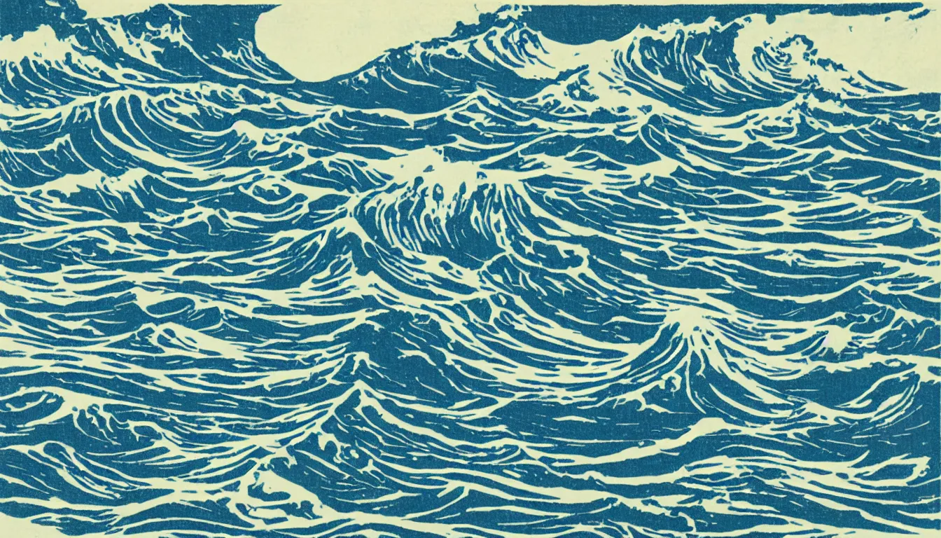 Prompt: ocean swells, woodblock print